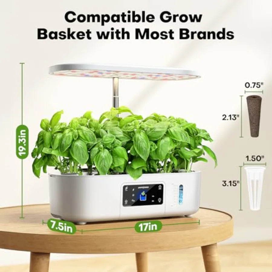 Indoor hydroponics growing system kit for herbs and lettuce, white plastic with LCD touch panel, 12-pod capacity, 17-inch max p
