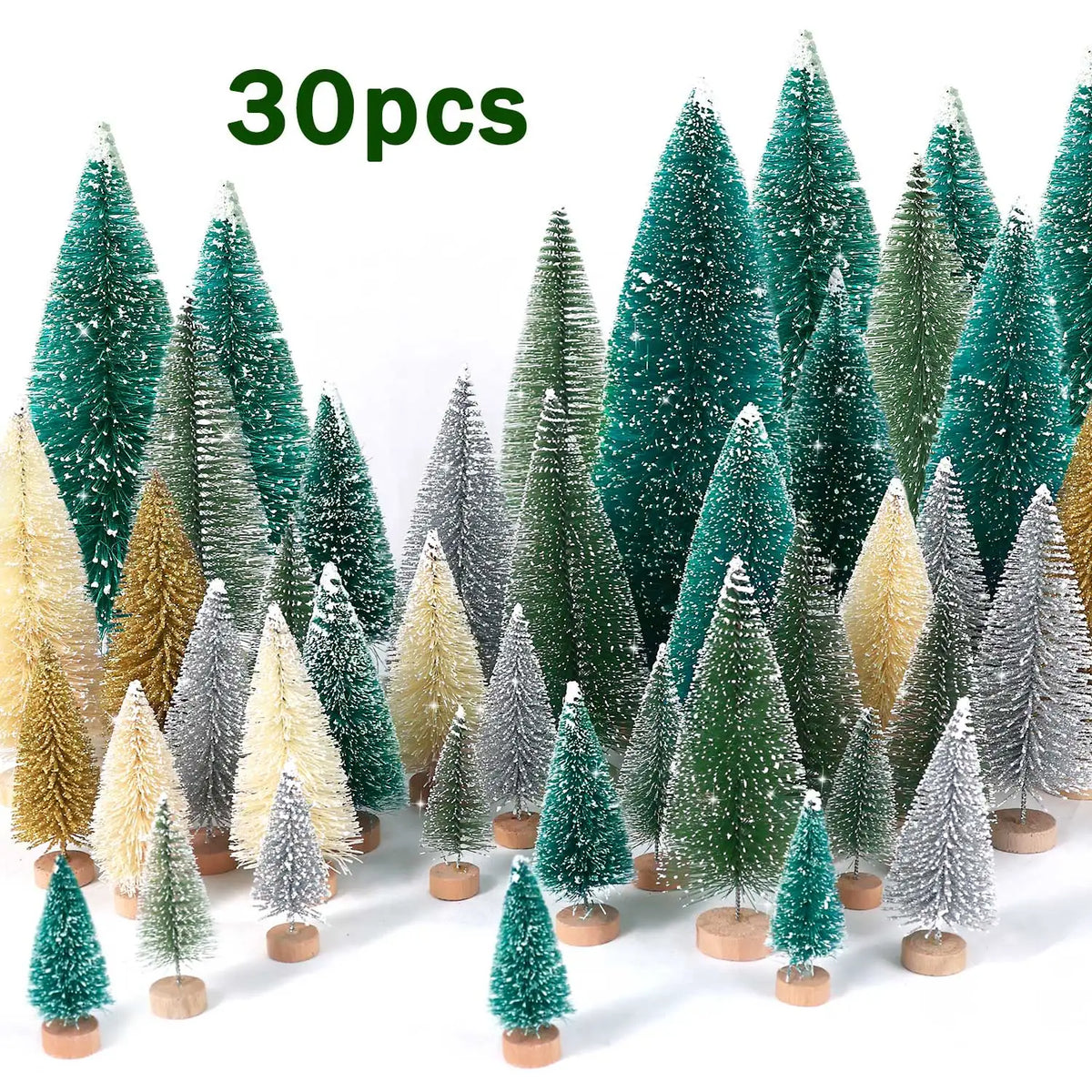 30pcs Mini Christmas Trees Artificial Christmas Tree Bottle Brush Trees with Wooden Base for Christmas Decor Party Home Table Craft Decorations (Silver,Green)