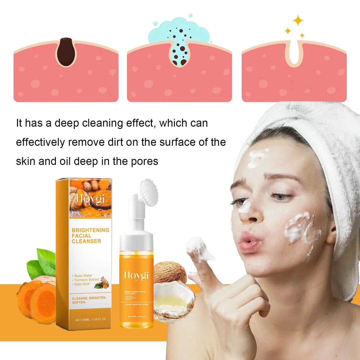 Hoygi Turmeric Brightening Foam Cleanser With Silicone Brush Rose Water