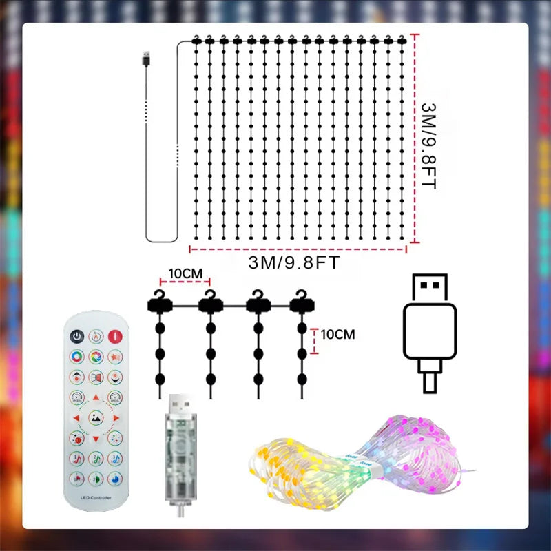 Smart RGBIC Curtain Lights APP Control Music Sync DIY Patterns Timer LED String Lights for Christmas Bedroom Party Decor