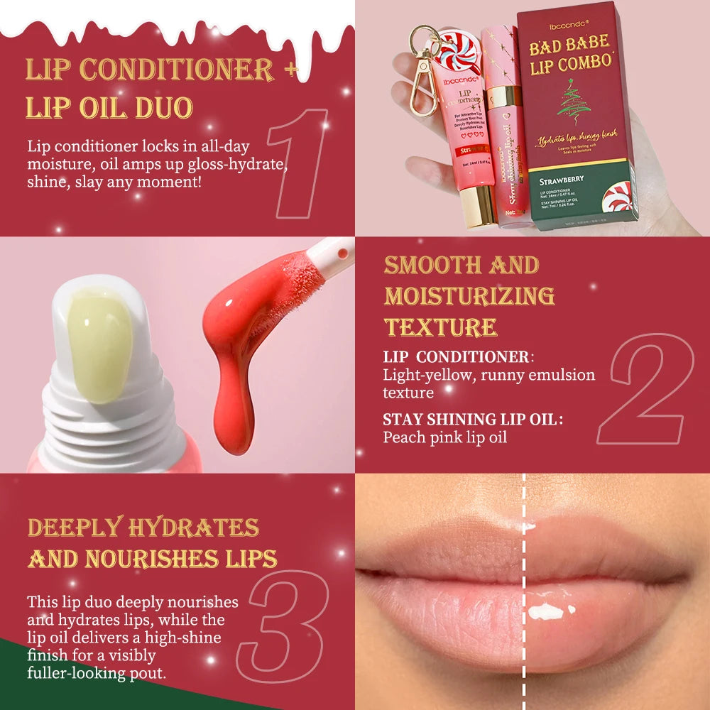 Strawberry Christmas Lip Combo Lip Conditioner Shiny Lip Oil with Keychain Hydrating Long Lasting Moisturizing Lip Care Set