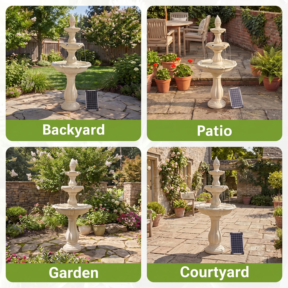 Solar Powered 3 Tier Outdoor Water Fountain With Pineapple Finial