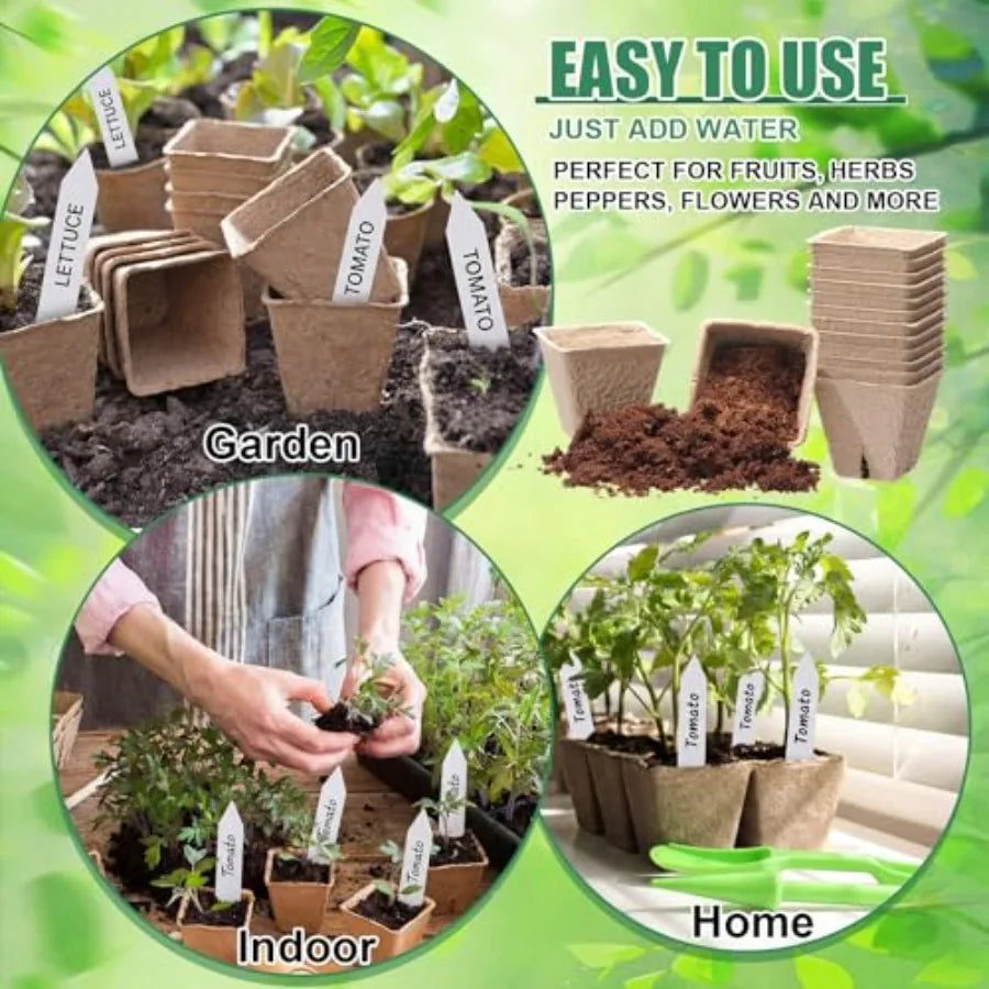 Garden germination container: biodegradable square peat pots 2.36 + compressed coir fiber soil, 500 sets bulk kit with planting
