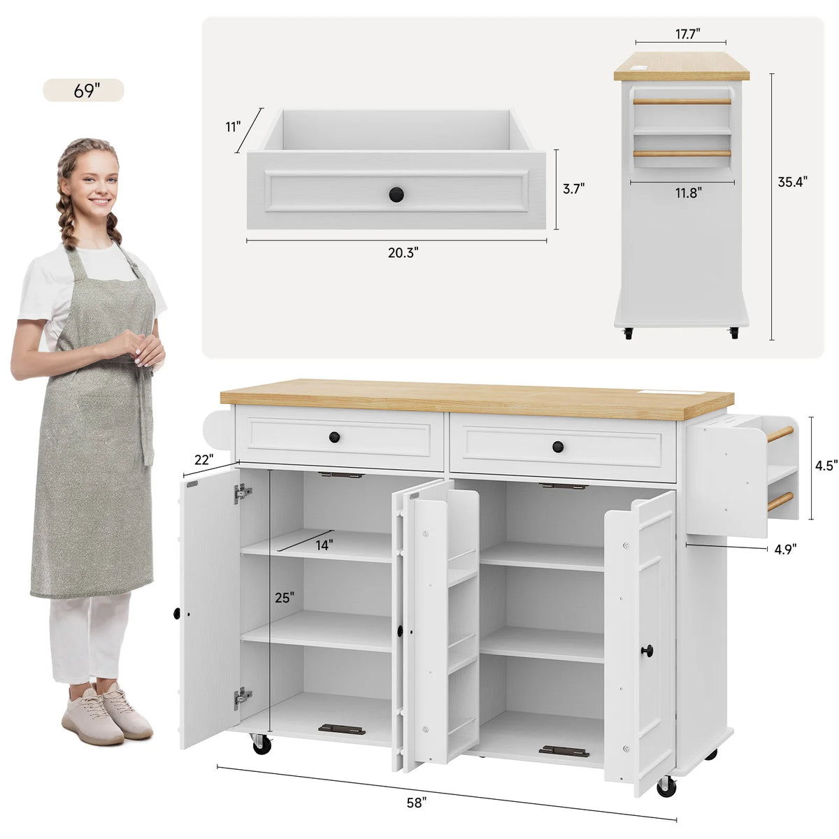 Wooden Rolling Kitchen Island Cart With Drop Leaf Storage Rack