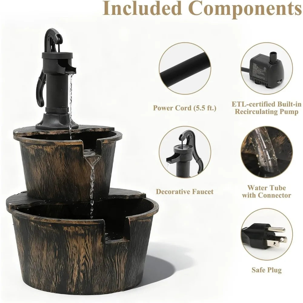 Two Tier Stepped Barrel Waterfall Fountain With Pump