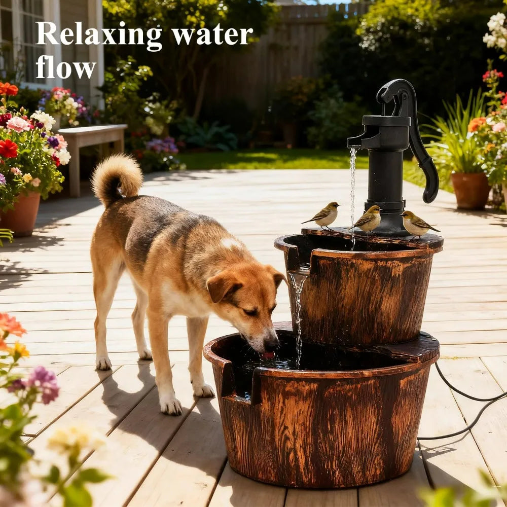 Two Tier Stepped Barrel Waterfall Fountain With Pump