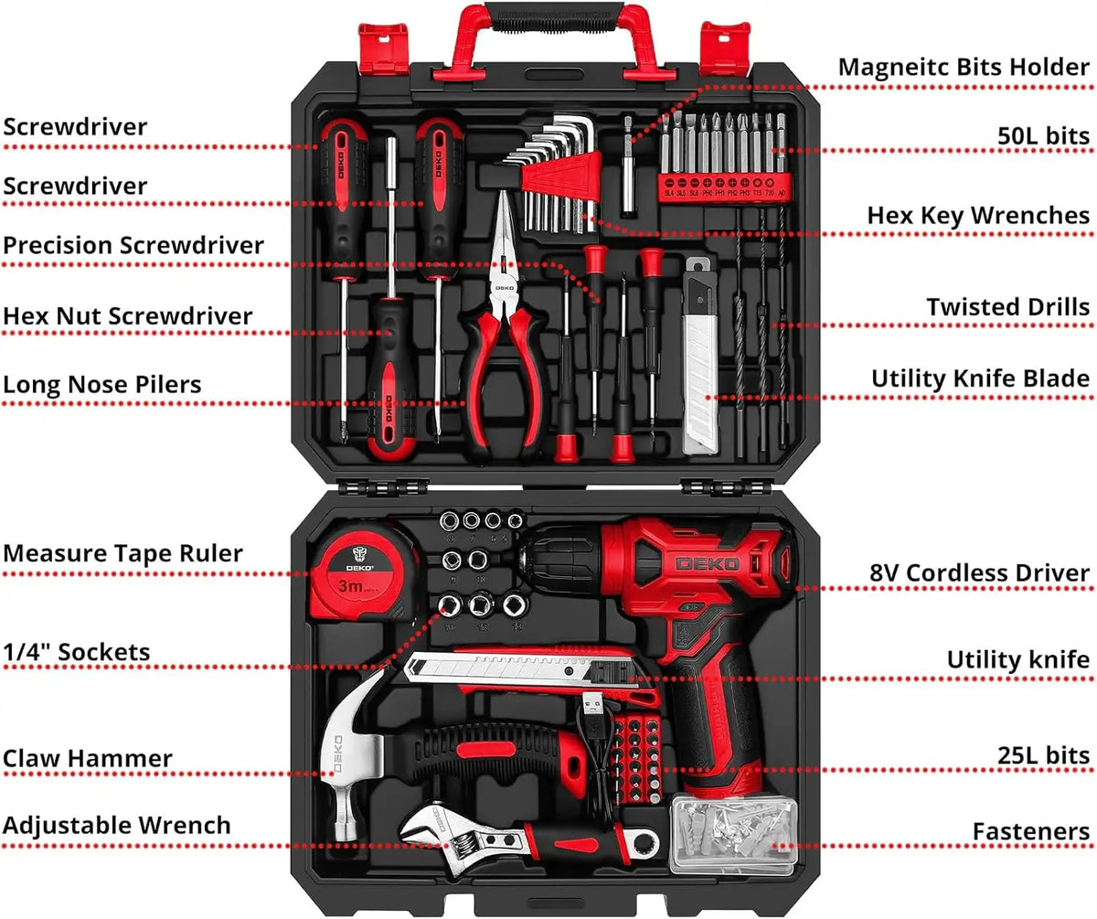 DEKO Cordless Drill Home Tool Kit With Hand Tools Set