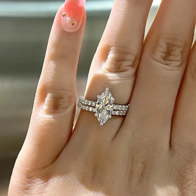 New 925 Sterling Silver 5CT Moissanite Horse Eye Ring Set for Women, Fashionable and Shiny Matching Rings, Wedding Gifts, Banquet Ring Accessories, Valentine's Day Gifts, Birthday Accessories, the Best Gift for Good Friends