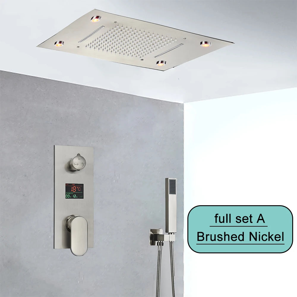 Black Embedded Ceiling Shower Head Intelligent Remote Control LED Rainfall Shower Set High Flow Waterfall Concealed Tap