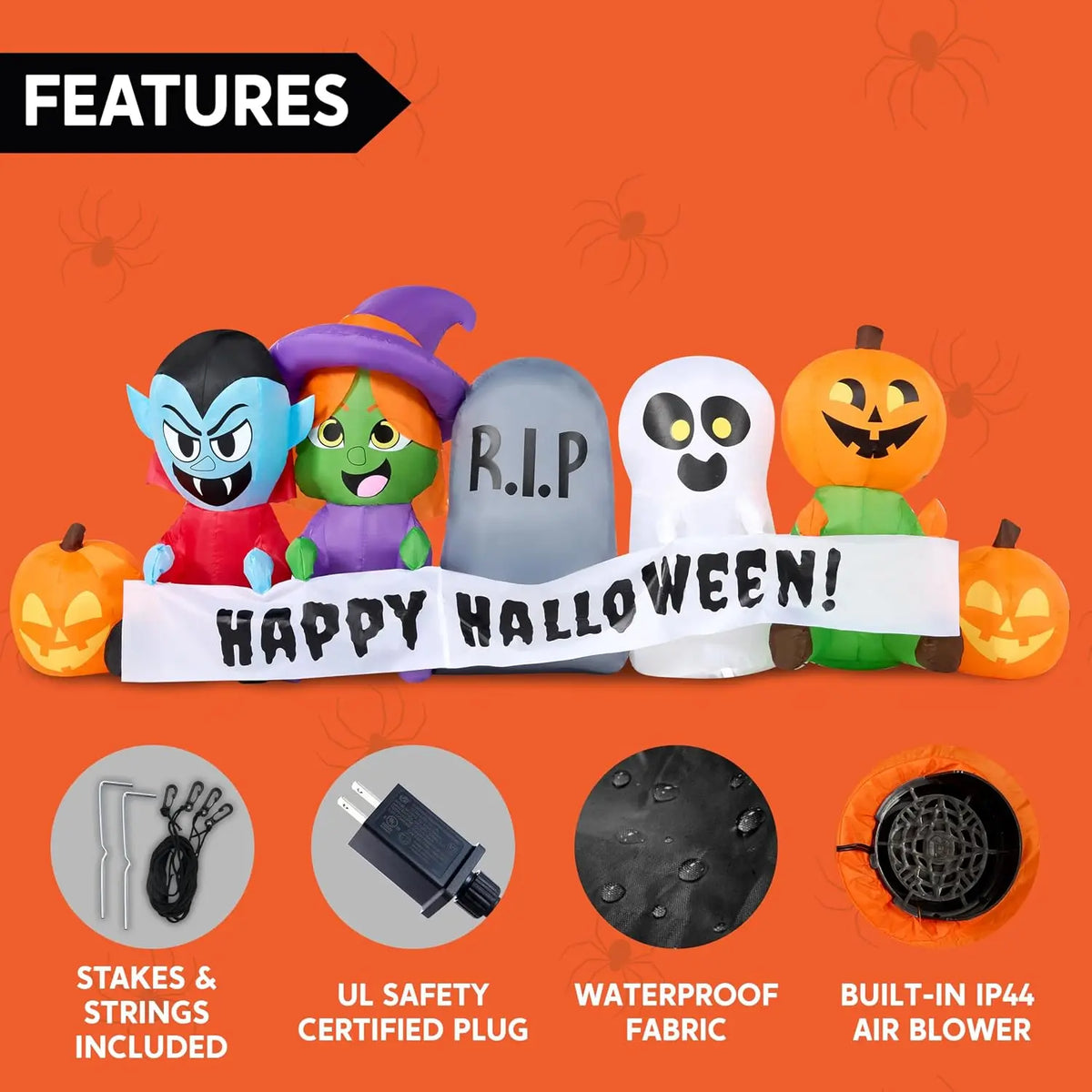 8 FT Long Pumpkin Ghost Vampire Witch Tombstone Inflatable Halloween Decor Outdoor Halloween Blow Up Decorations Inflatable  with LEDs for Yard Decorations