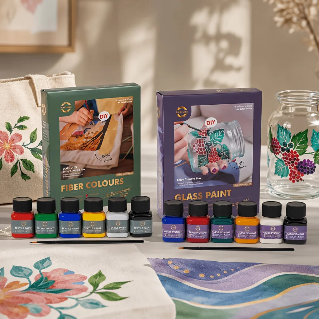6 Color 30ml/1.01oz Hand Painting Paint Kit. Fabric Paint & Glass Paint. Each Kit Contains 6 Paint Bottles & 1 Outlining Brush. High Color Saturation  Strong Adhesion for Hand Painting on Fabric、 Glass. For DIY Crafters & A
