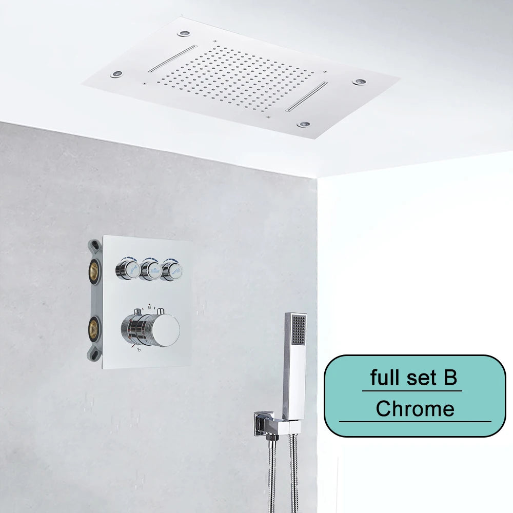 Black Embedded Ceiling Shower Head Intelligent Remote Control LED Rainfall Shower Set High Flow Waterfall Concealed Tap