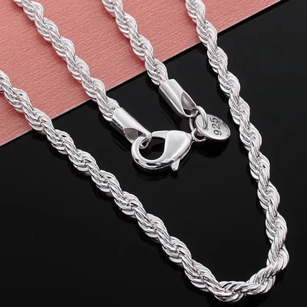 2PCS 925 Sterling Silver Rope Chain Set, 4MM 40-60cm, Necklace & Bracelet, Fashion Jewelry for Men Women, Wedding Daily Gift