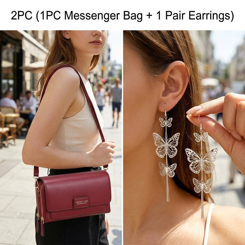 2PC(1PC Messenger Bag+1 Pair Earrings )Women's Small Shoulder Crossbody Bag and Elegant Long Drop Earrings,Hollow Butterfly Tassel Earrings,Bohemian Style, Mobile Phone Card Wallet Bag,Casual Handbag for Party Birthday,Daily