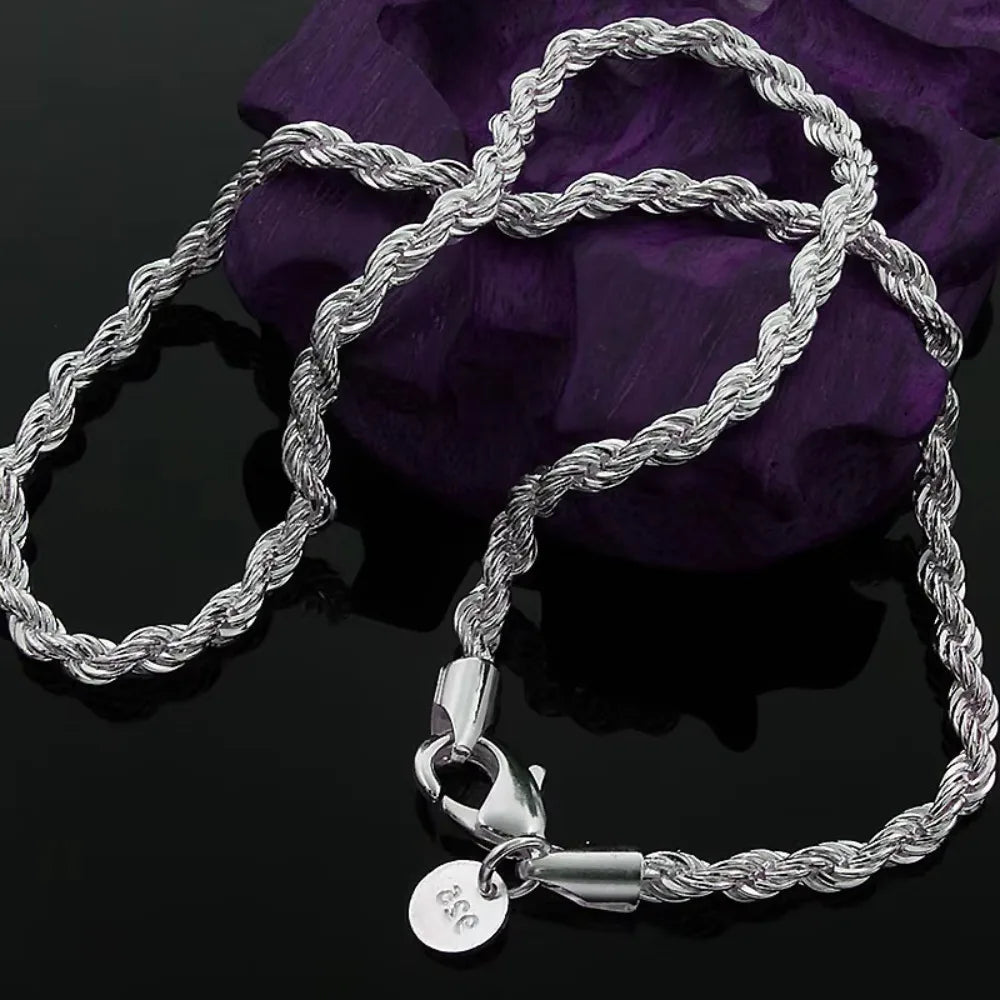 2PCS 925 Sterling Silver Rope Chain Set, 4MM 40-60cm, Necklace & Bracelet, Fashion Jewelry for Men Women, Wedding Daily Gift