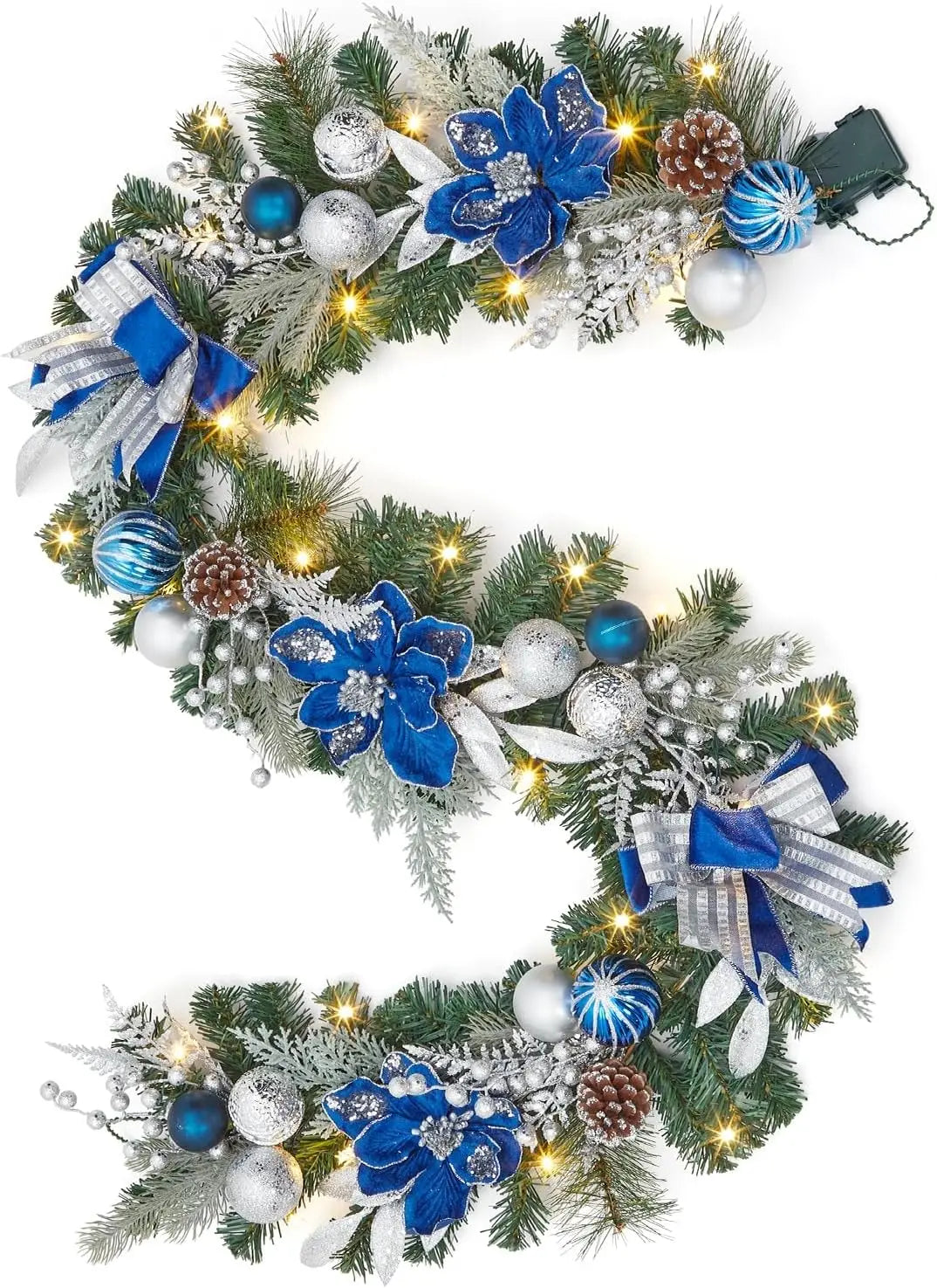 Tacleekii 6 Feet Christmas Garland with Lights & Timer for Mantle Battery Operated 20 LED 8 Modes Ball Ornaments & Poinsettias, Prelit Garland Decorations
