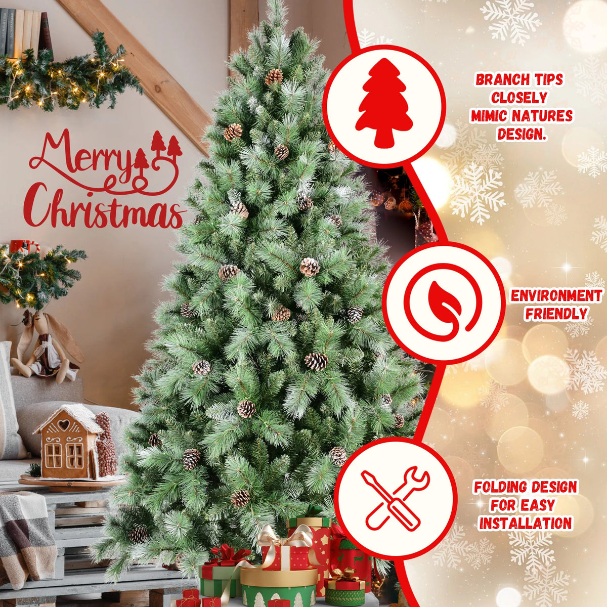 Artificial Christmas Tree Realistic Pine Cones Heavy Duty Metal Stand