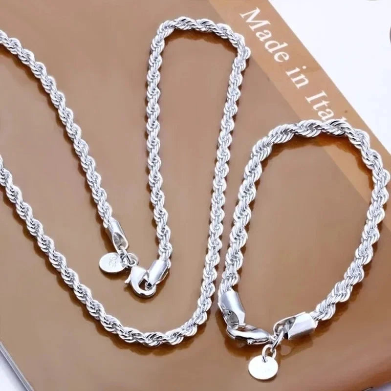 2PCS 925 Sterling Silver Rope Chain Set, 4MM 40-60cm, Necklace & Bracelet, Fashion Jewelry for Men Women, Wedding Daily Gift
