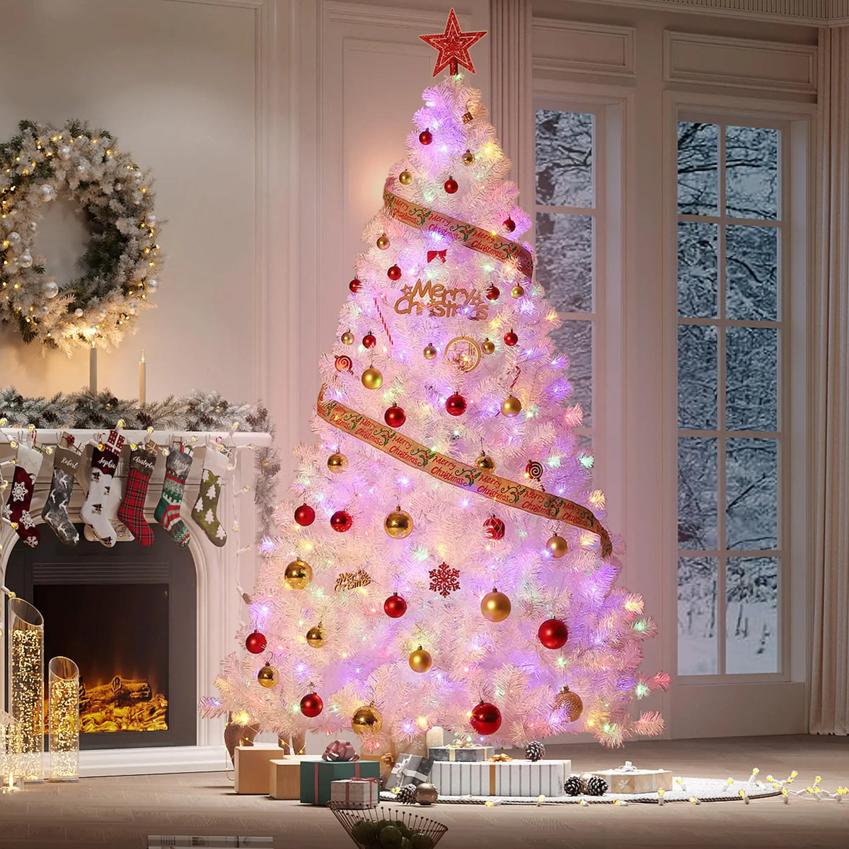 Prelit Artificial Christmas Tree With RGB Flocked Lights