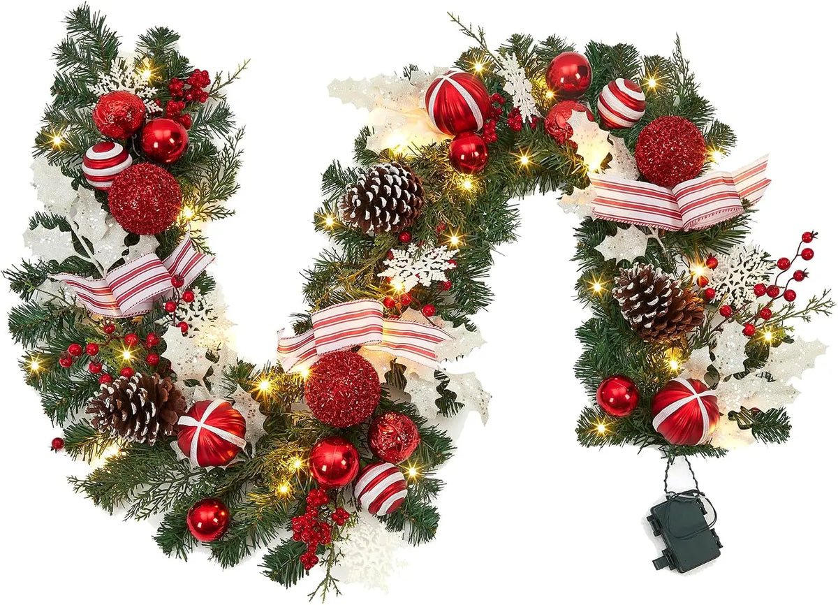 Tacleekii 6 Feet Christmas Garland with Lights & Timer for Mantle Battery Operated 20 LED 8 Modes Ball Ornaments & Poinsettias, Prelit Garland Decorations