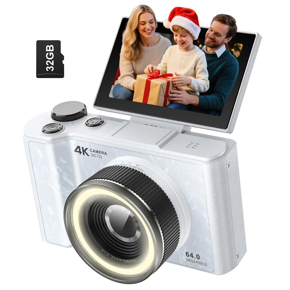 4K Digital Camera for Photography,4k Camera with Ring Light，180° Flip Screen Camera for Vlogging with Beauty Mode,Point and Shoot Digital Cameras for Beginner with SD Card，Christmas Gift