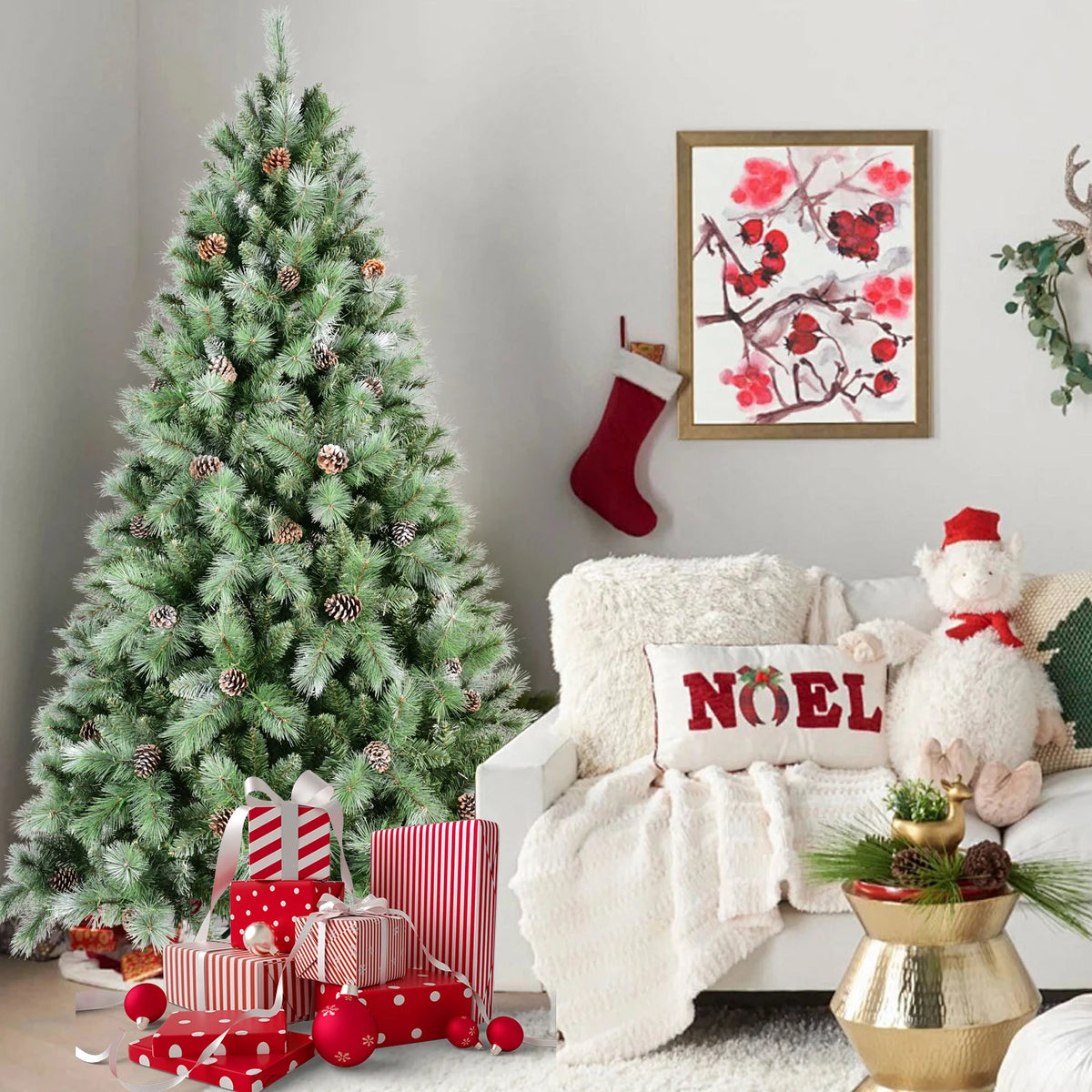 Artificial Christmas Tree Realistic Pine Cones Heavy Duty Metal Stand
