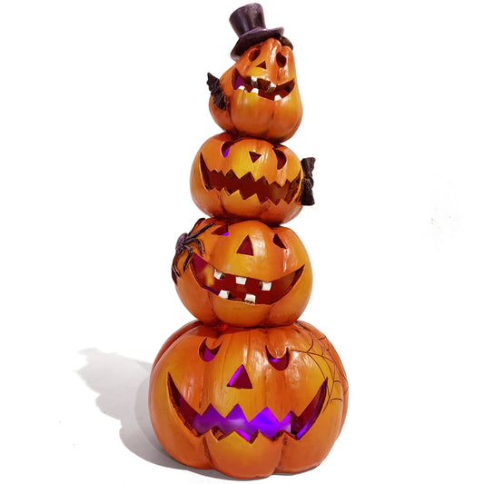 Hodao Resin Halloween Light-Up Stacked Pumpkin Figurine, 4-Tier Jack-O-Lantern Tower with Black Top Hat, Bats, Spider and Web, Glowing Hand-Painted Tabletop Decor for Mantel, Shelf, Fireplace, Entryway, Spooky Party and Haunt