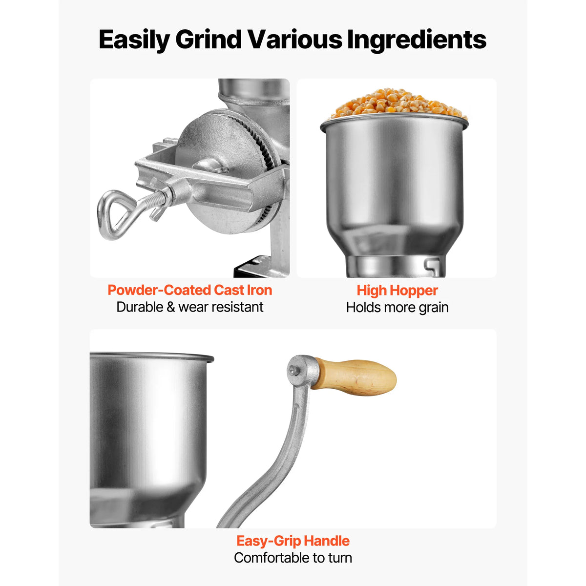 SucceBuy Manual Grain Mill with High Hopper Hand-Crank Corn Grinder with Stable Table Clamp for Grains Spices Coffee Beans Nuts