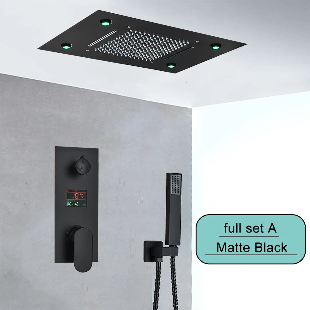 Black Embedded Ceiling Shower Head Intelligent Remote Control LED Rainfall Shower Set High Flow Waterfall Concealed Tap