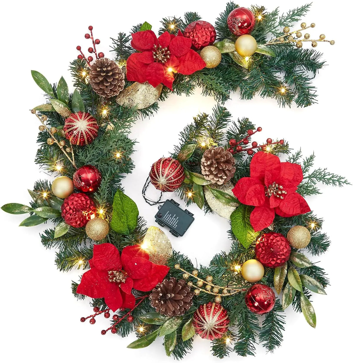 Tacleekii 6 Feet Christmas Garland with Lights & Timer for Mantle Battery Operated 20 LED 8 Modes Ball Ornaments & Poinsettias, Prelit Garland Decorations
