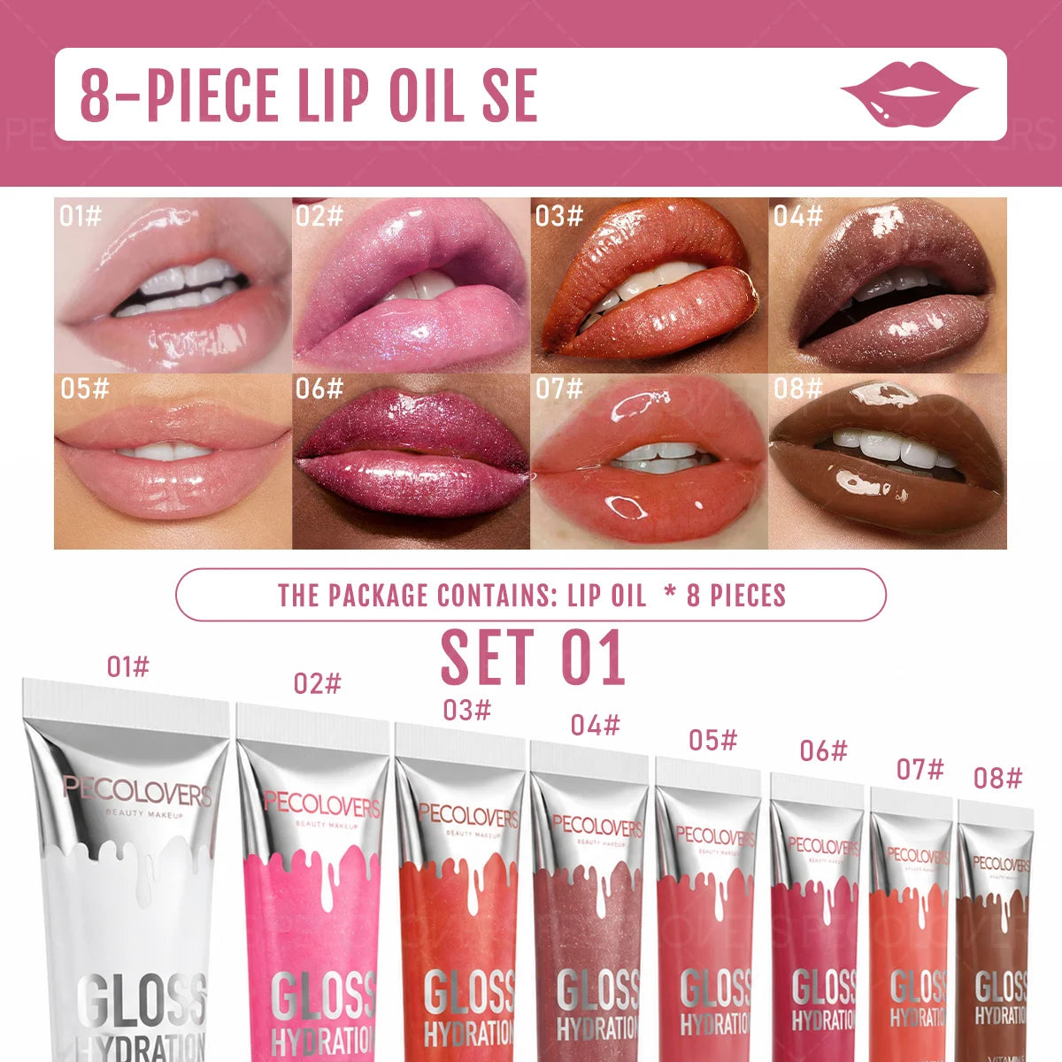 8PCS/SET Moisturizing Lip Oil Kit,Even Spreadable,Non-sticky,Translucent Shine Layer,Eye Shadow Base,Multi-shade Glossy Liquid,Everyday Lip Cosmetic For Casual Outdoor And Simple Party Looks