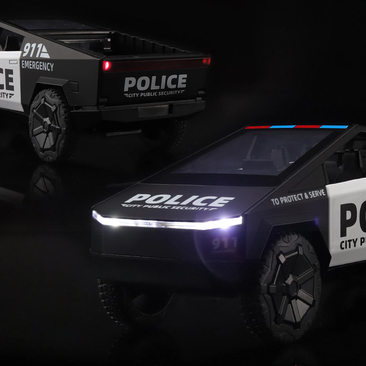 1/32 scale die-cast CYBERTRUCK police car model, realistic sound and light toy suitable for boys aged 3-8.