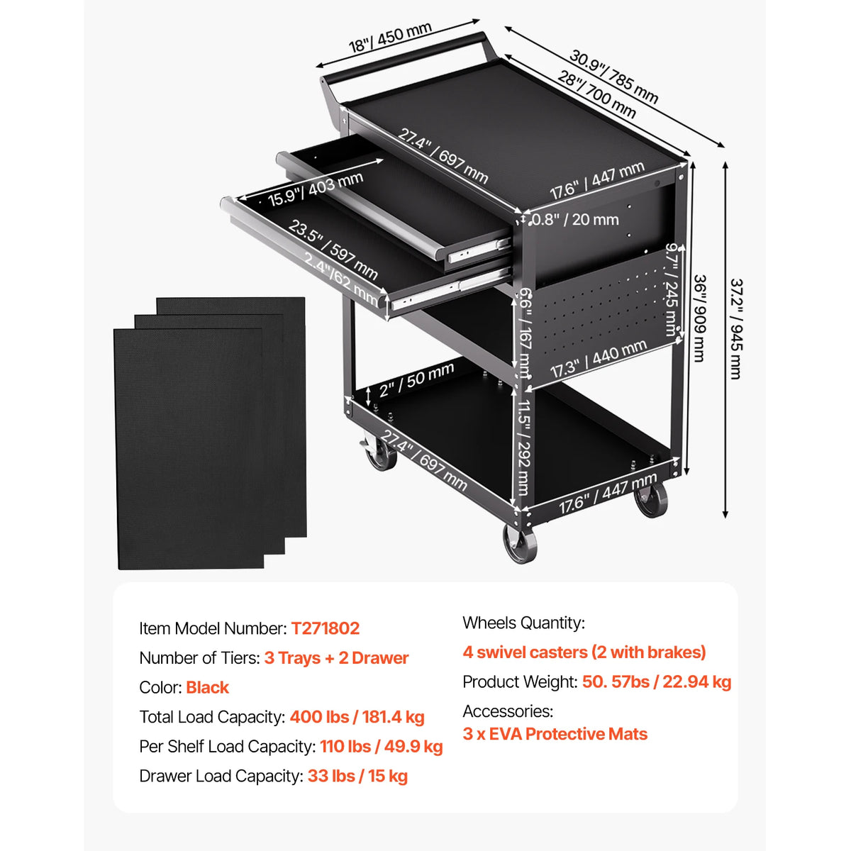 Five Tier Lockable Rolling Tool Cart With Pegboard Storage Organizer