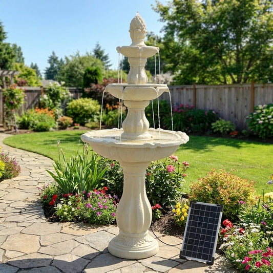 Solar Powered 3 Tier Outdoor Water Fountain With Pineapple Finial