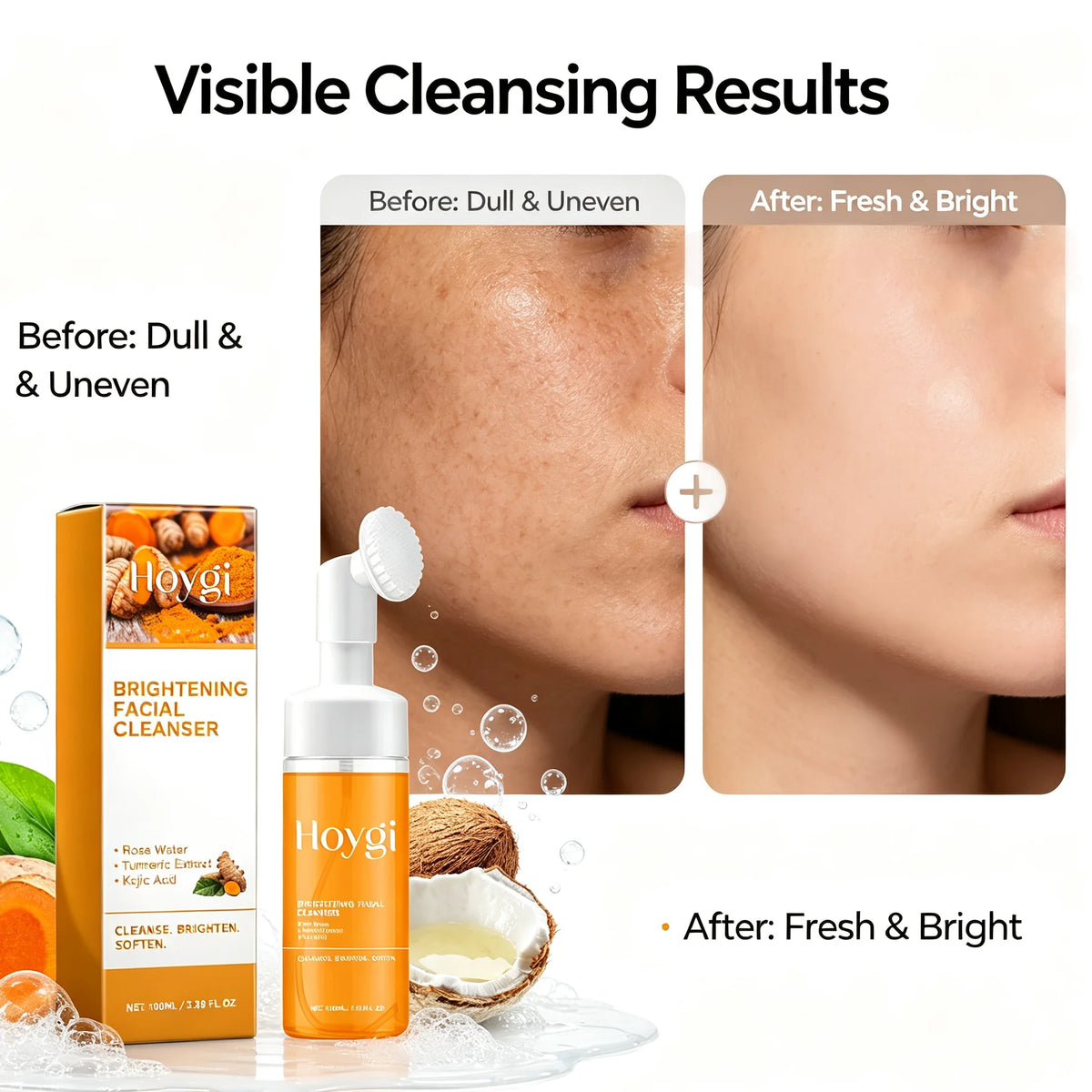 Hoygi Turmeric Brightening Foam Cleanser With Silicone Brush Rose Water