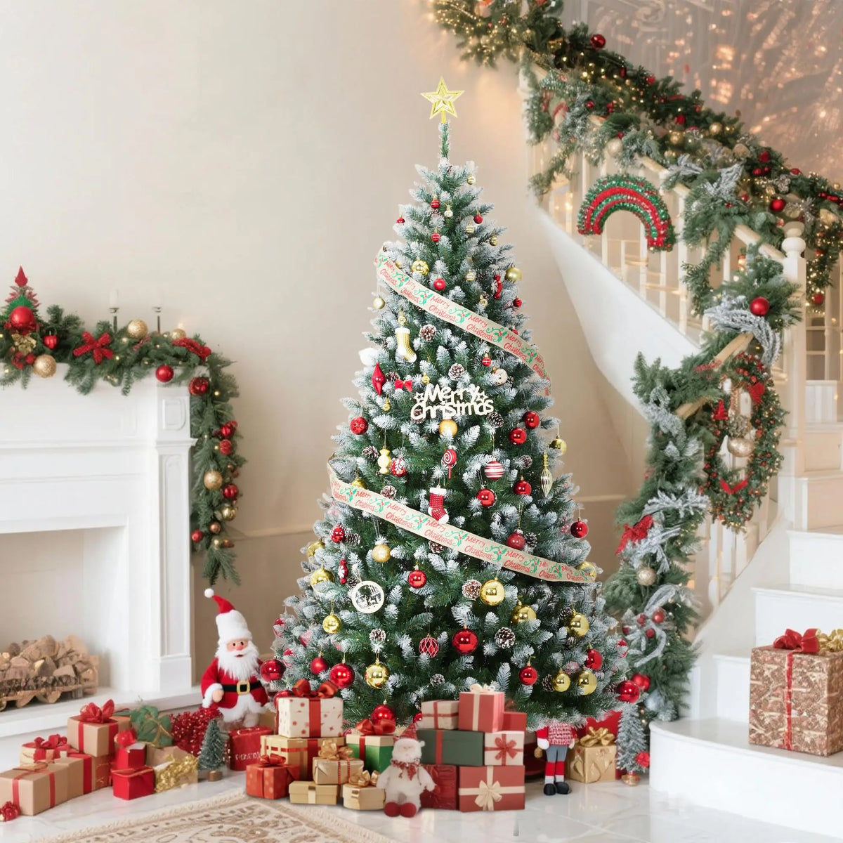 6FT Pre‑Lit Artificial Pine Christmas Tree with Pine Cones, 250 LEDs 748 Tips Hinged Stand PVC Holiday Tree for Home Office Party Decor