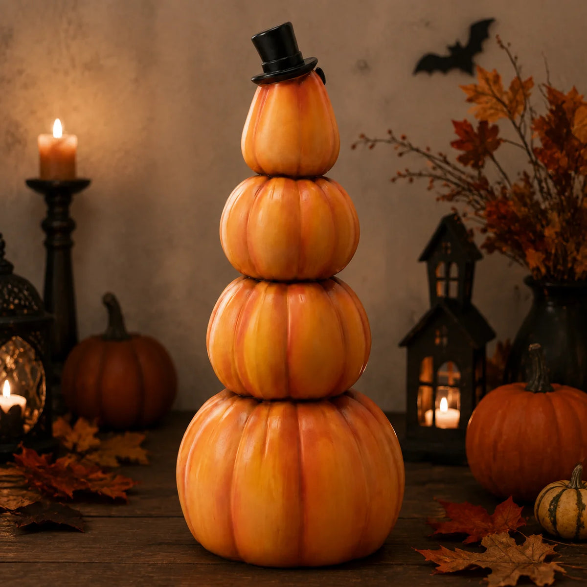 Hodao Resin Halloween Light-Up Stacked Pumpkin Figurine, 4-Tier Jack-O-Lantern Tower with Black Top Hat, Bats, Spider and Web, Glowing Hand-Painted Tabletop Decor for Mantel, Shelf, Fireplace, Entryway, Spooky Party and Haunt