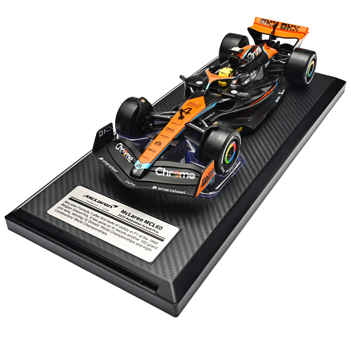 1:24 Scale McLaren MCL60 Diecast Alloy Model, 2023 Australian GP #4 Racing Car with Steering Wheels Base Collectible Display Gift