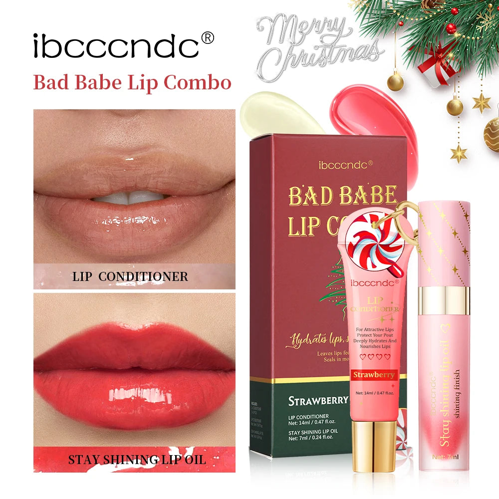Strawberry Christmas Lip Combo Lip Conditioner Shiny Lip Oil with Keychain Hydrating Long Lasting Moisturizing Lip Care Set