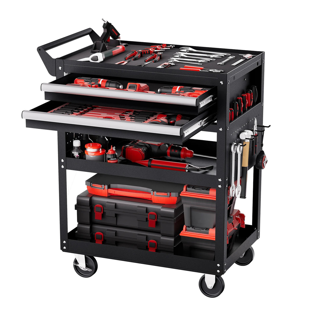 Five Tier Lockable Rolling Tool Cart With Pegboard Storage Organizer
