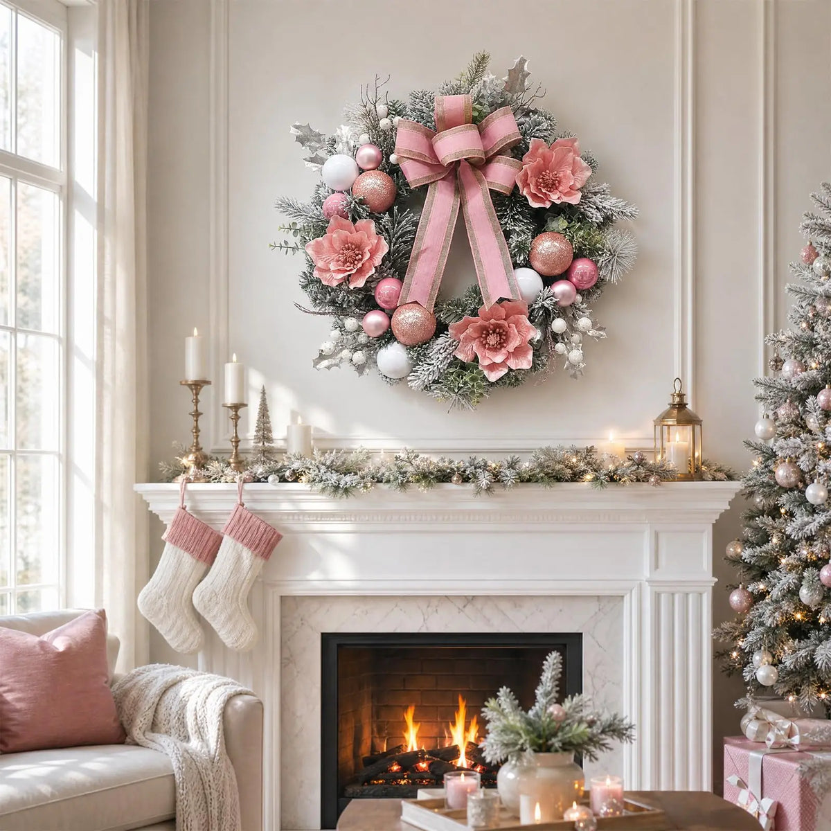 24 Inch Pre-Lit Pink Magnolia Christmas Wreath With 20 Led Lights, 8 Modes Timer, Snowy Pine Ball Ornaments Front Door Decor