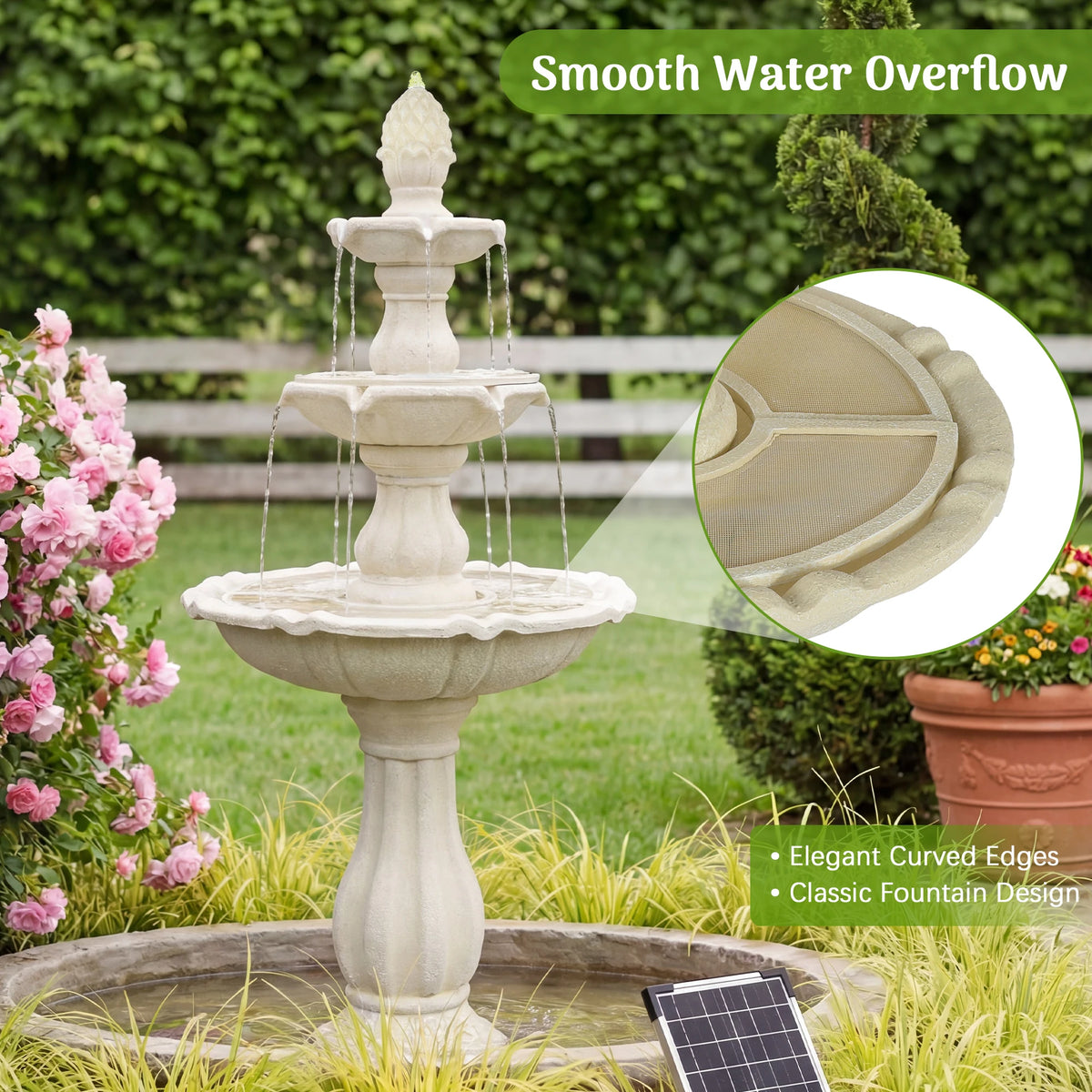 Solar Powered 3 Tier Outdoor Water Fountain With Pineapple Finial