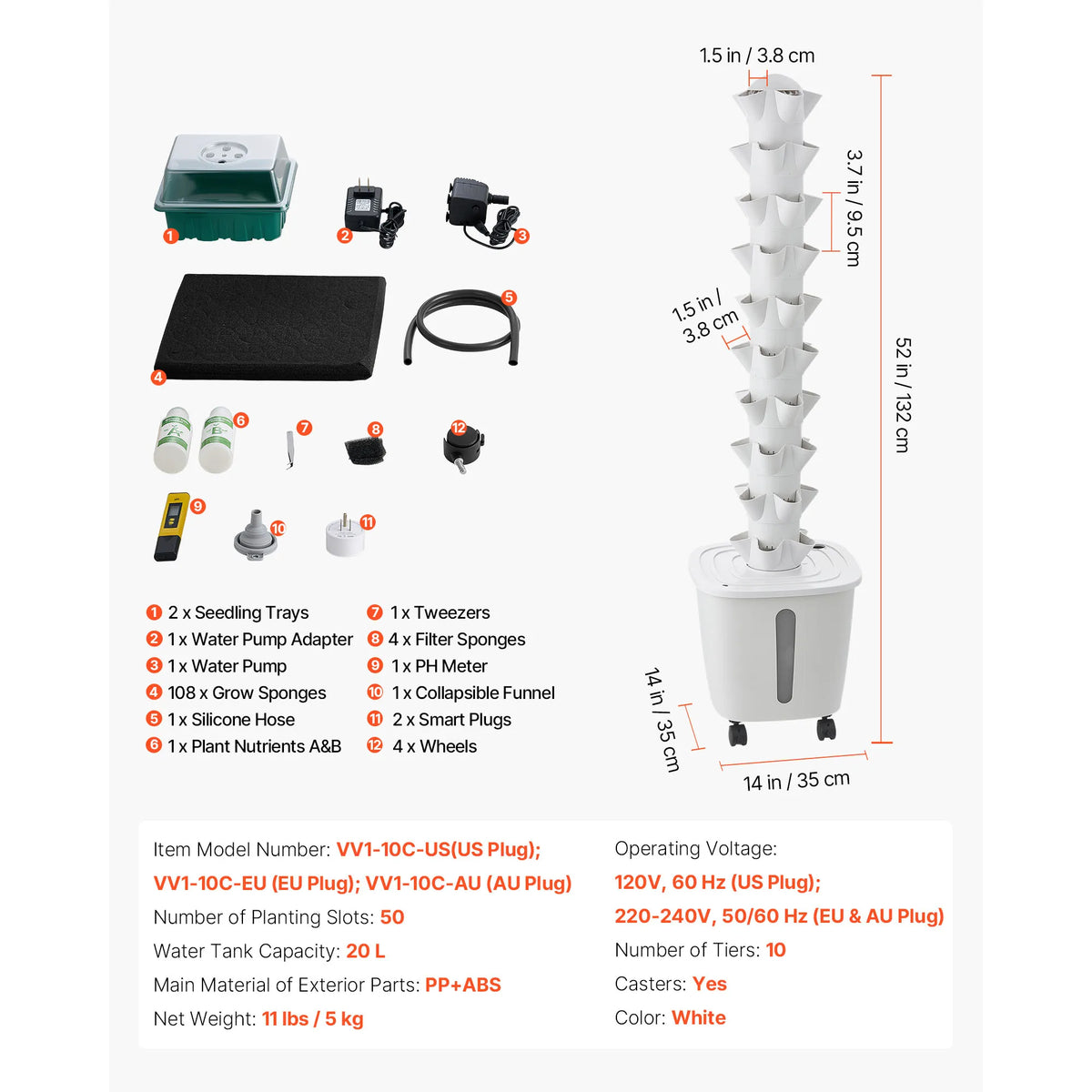 SucceBuy Hydroponic Tower 20/30/45/50 Pods 4/6/9/10 Tiers Hydroponics Growing System Kit with 20L Water Tank & Pump for Herbs