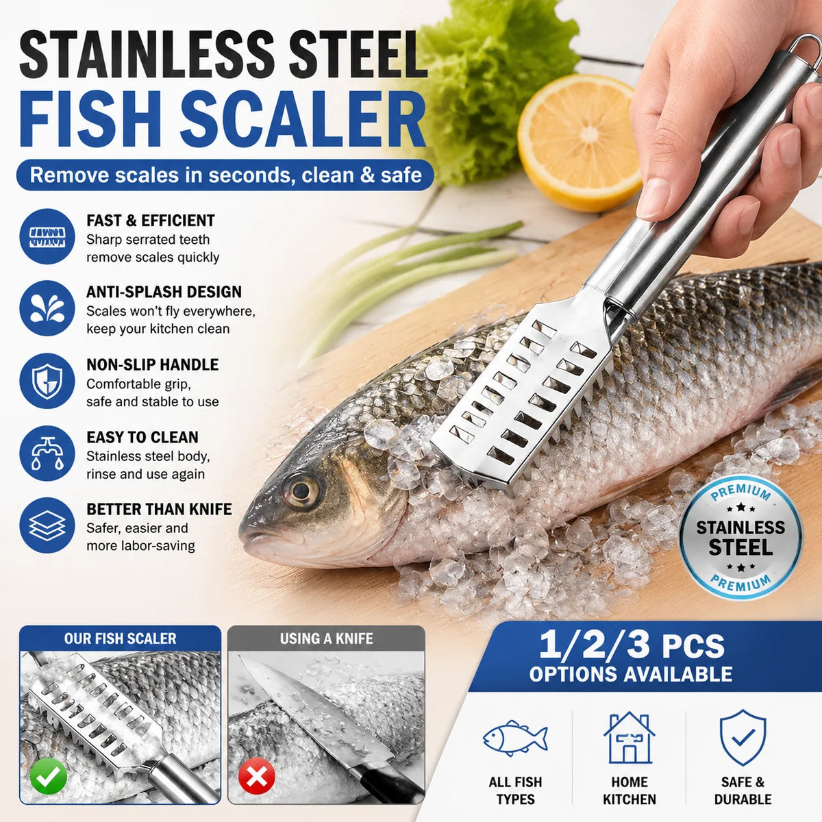 Fish Scale Remover Stainless Steel, Anti-Splash Scraper with Ergonomic Non-Slip Grip, Rust-Proof Kitchen Gadget for Fish Cleaning