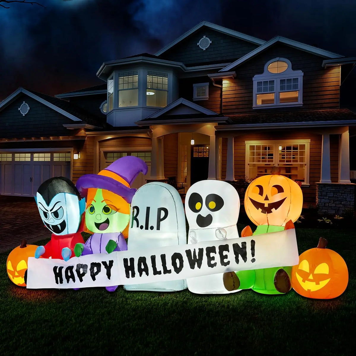 8 FT Long Pumpkin Ghost Vampire Witch Tombstone Inflatable Halloween Decor Outdoor Halloween Blow Up Decorations Inflatable  with LEDs for Yard Decorations