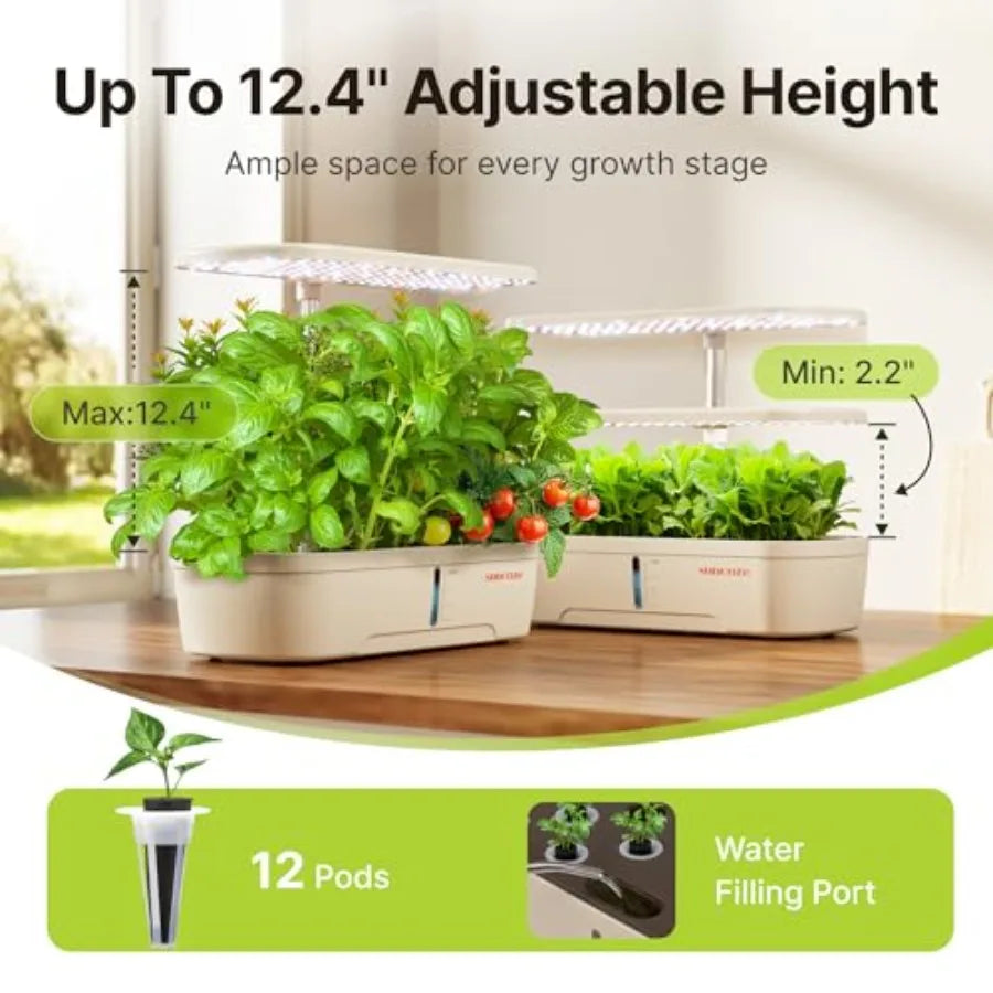 Hydroponics Growing System Kit 12 Pods for Indoor Herb Garden, Beige ABS Plastic with 20W LED Grow Light, Visible Water Tank Pu
