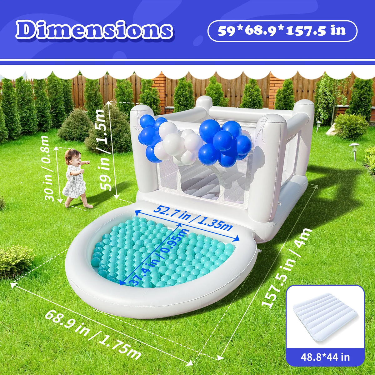 White Bounce House with Pump Kids Ball Pit Bounce House for Kids 3-6 Birthday Indoor or Outdoor Playhouse Customization/Halloween Decorations