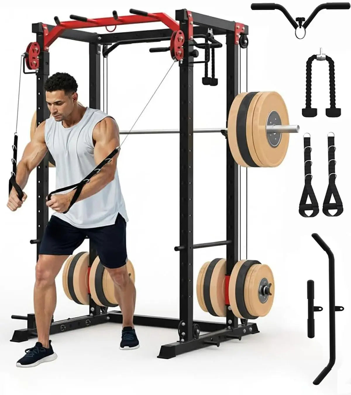 2000LB Power Rack with Cable Crossover, Lat Pulldown & Pulley System – Heavy Duty Workout Cage for Home Gym Training