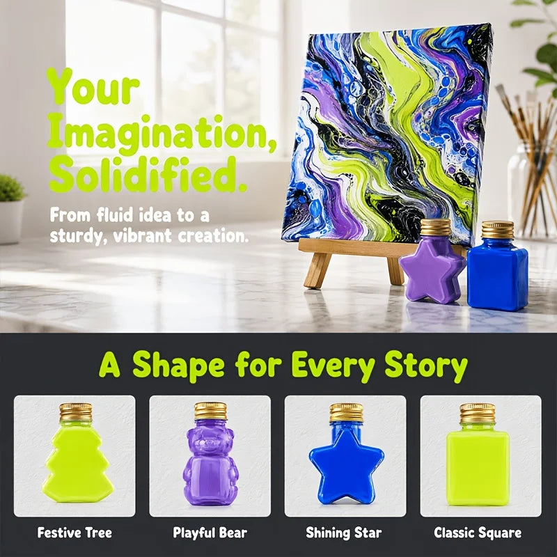 10‑Color 50ml/1.69oz Fluid Acrylic Paint Set, 4 Standard +2 Neon +2 Metallic +2 Glow‑in‑Dark. Colors: Black, White, Violet, Rose Red, Neon Blue, Neon Yellow, Gold, Silver, Glow Green, Glow Yellow. 4 novelty shaped bottl