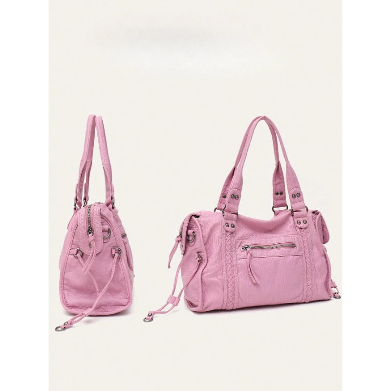 Women Casual Street Style PU Leather Tote Bag Zipper Pockets Braid Decor Fits 13 Inch Laptop Large Capacity